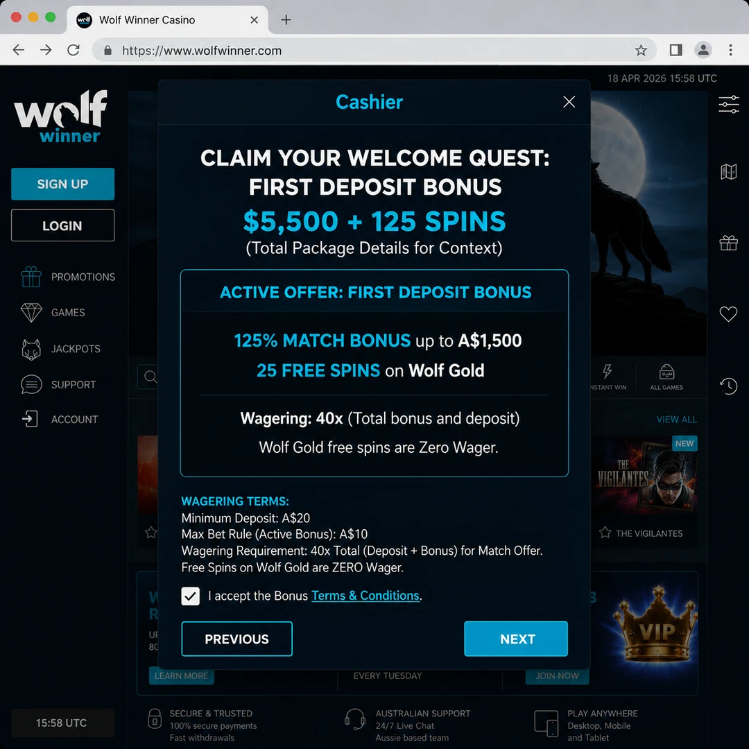 Wolf Winner cashier showing the first-deposit 125 percent match up to A$1,500 with 25 zero-wager free spins on Wolf Saga, 35x wagering terms at the foot.