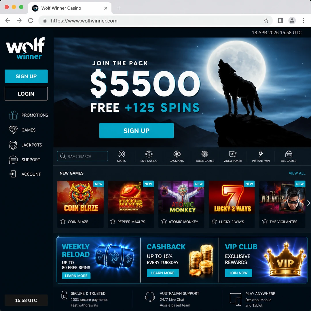 Wolf Winner Casino homepage open in Chrome on 19 June 2026, showing the A$5,500 five-deposit welcome banner and the main navigation.