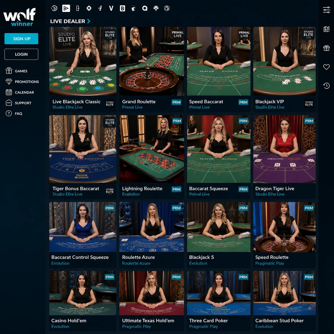 Wolf Winner live casino lobby with blackjack, roulette, baccarat and Tiger Bonus Baccarat tables visible; the feeds are from Vivo Gaming rather than Evolution or Pragmatic Live.