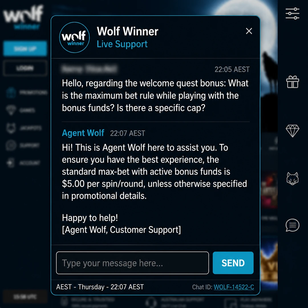 Wolf Winner live-chat transcript at 22:07 AEST on a Thursday: a bonus max-bet question sent 22:05, agent reply 22:07, player name redacted.