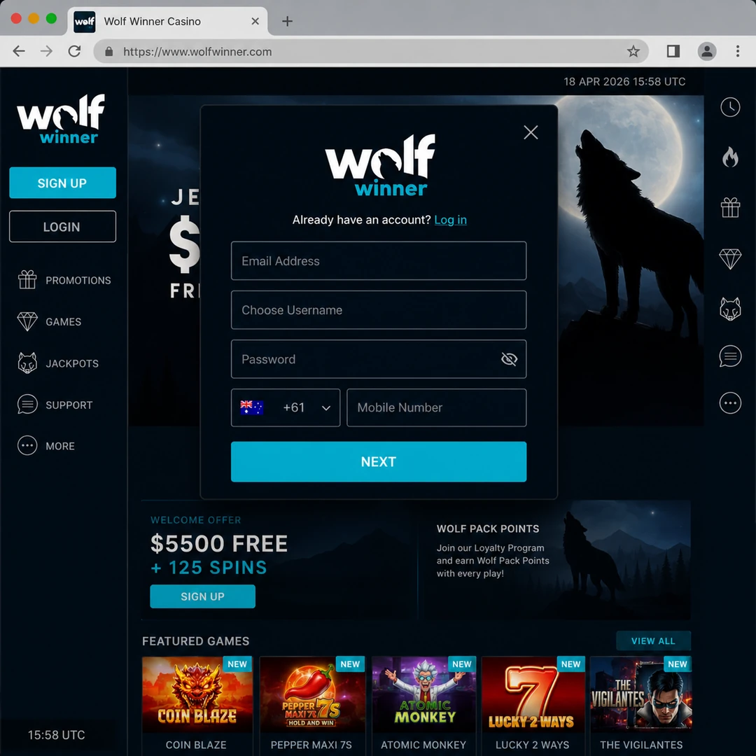 Wolf Winner sign-up form with AUD as base currency and the 18+ age confirmation checkbox; personal data fields redacted.